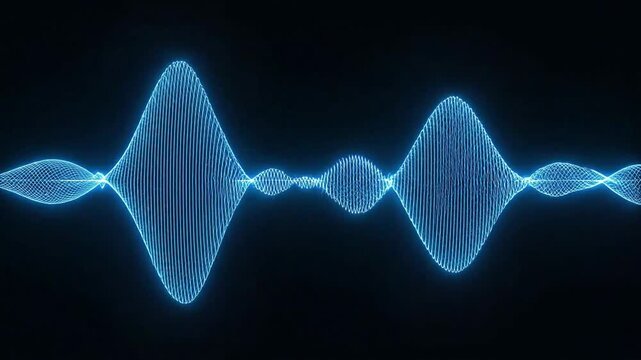Glowing blue sound wave pattern oscillates on dark background