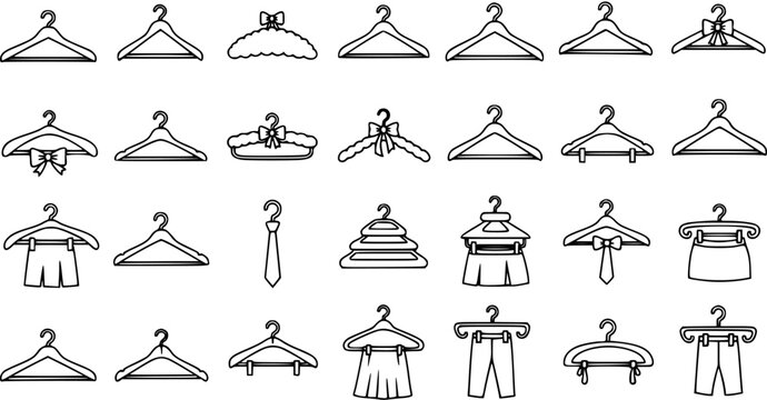 Black and White Line Art Collection of Clothing Hangers and Accessories for Fashion Retail