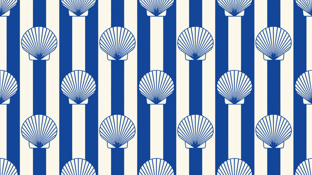 Blue and white striped pattern with scallop shell designs on fabric wallpaper