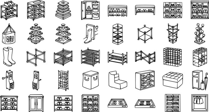 Black and White Line Art Icons of Shoe Storage Furniture and Accessories