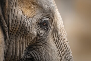Fototapeta premium Elephant head close-up portrait with wrinkled gray skin and expressive eye