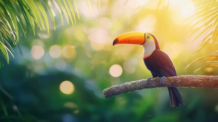 Obraz premium Vibrant Tropical and Exotic Close up of a toucan with its vibrant beak and colorful feathers, perched on a branch