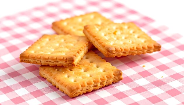 Stack of golden crackers arranged on a pink and white checkered cloth, savory snack and picnic food