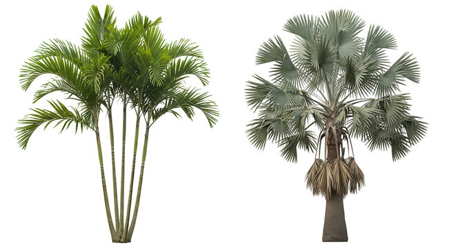 Set of Areca catechu and Washingtonia filifera frontal isolated png on a transparent background perfectly cutout