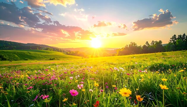 Sunrise over a vibrant wildflower meadow with rolling hills and dramatic clouds, golden sunbeams shining through