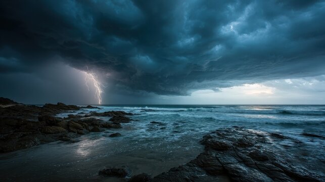 Epic Stormscape: Dark Sky, Heavy Rain, and Striking Lightning Over Ocean Cliffs