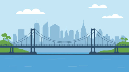 Fototapeta premium Suspension bridge over water with city skyline in background urban landscape