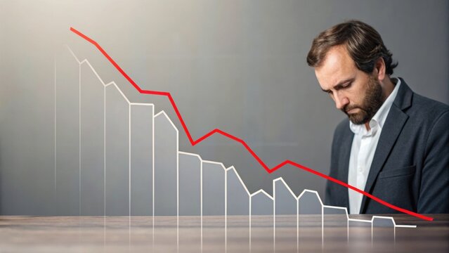 A businessman in a suit looks down solemnly as a declining red line chart and bar graph illustrate falling financial or business performance.