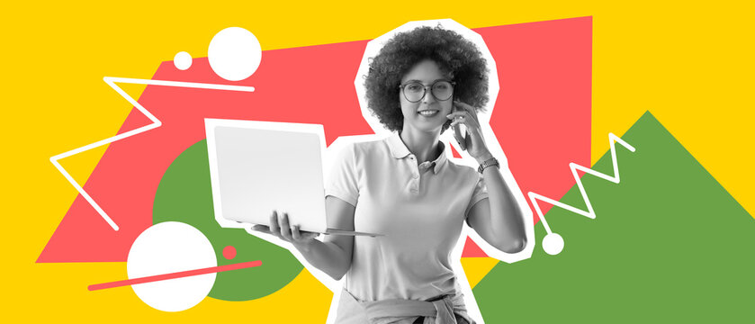Young female programmer with laptop talking by phone on grey background