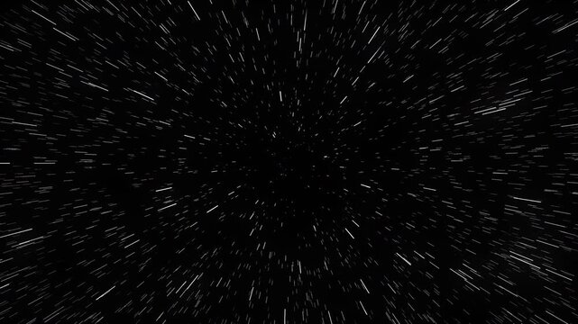 Dynamic 4K Space Travel Animation Featuring High Speed Light Streaks and Warp Drive Motion Effect Isolated on Deep Black Background.