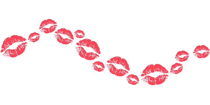 Red lipstick kiss marks in a wavy line on white background