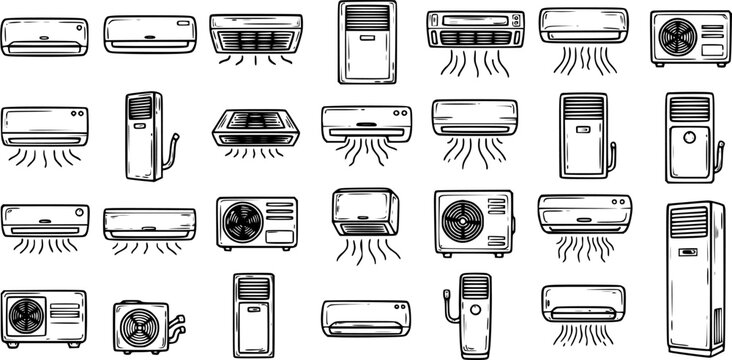 Black and White Line Art Collection of Various Air Conditioner Units - HVAC Technology