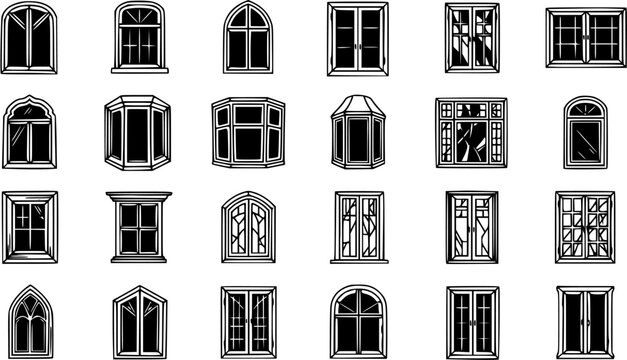 Black and White Line Art Collection of Various Window Designs for Architecture and Construction