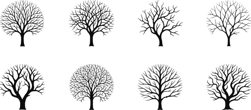 Set of stylized leafless tree silhouettes with rounded canopies and diverse branching structures for natural and artistic design projects