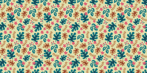 Seamless Tropical Jungle Leaf Pattern with Exotic Green and Blue Foliage on Cream Background for Summer Fashion and Coastal Textile Design © Deepak
