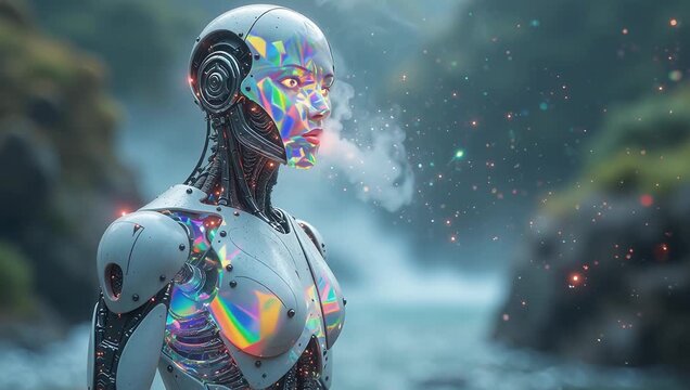 A Futuristic Robot Exhales Smoke by a Serene River