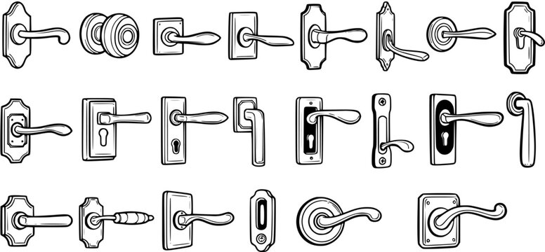 Black and White Line Art Collection of Various Door Handles and Knobs