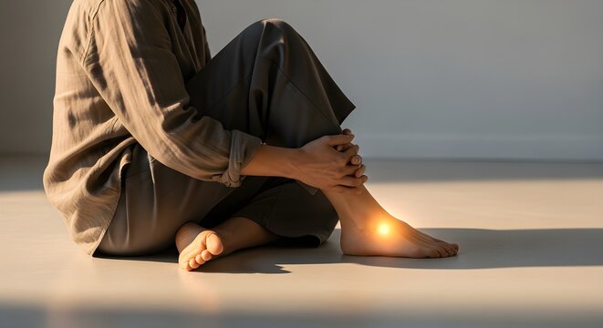 Close-up Of A Person Holding Their Ankle With A Glowing Spot Indicating Pain Or Injury