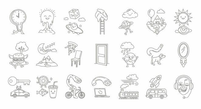 Various line drawn icons and symbols.