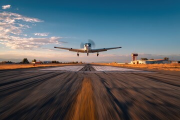 Fototapeta premium General aviation plane ascending from runway, captured at the moment of takeoff