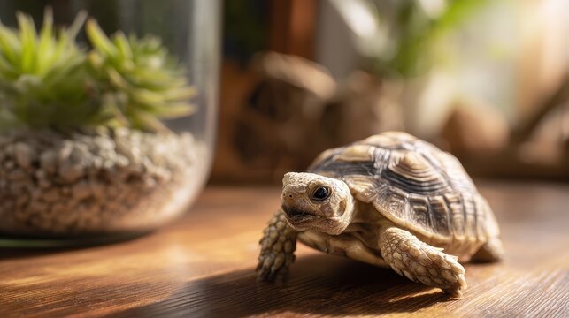 Gentle macro shot of a small turtle exploring a cozy home terrarium setting
