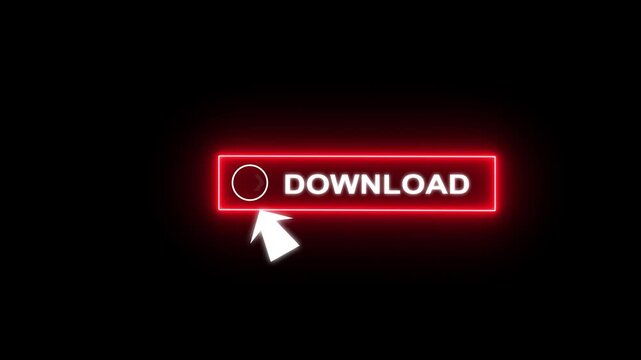 Glowing neon red color white text cursor animation pointing towards download button in looping with transparent background.