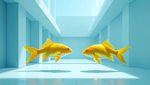 Two pixelated goldfish facing each other in a bright, minimalist, futuristic architectural corridor with soft blue walls and reflective floor
