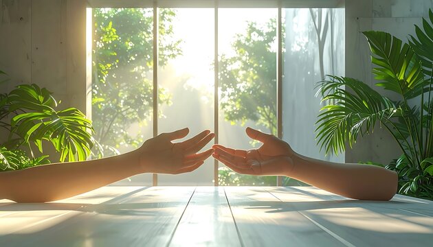 Two pixelated hands reaching towards each other in a sunlit room with large windows overlooking lush green foliage, symbolizing connection and digital interaction