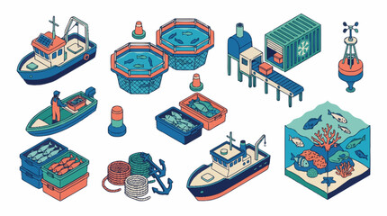 Isometric illustration of various nautical and industrial objects. © agussssss