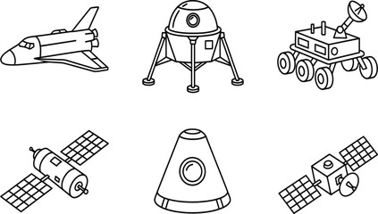 Space Exploration Vector Line Icon Set Featuring Space Shuttle Moon Lander Mars Rover Satellite and Capsule for Science Education and Aerospace Design © MSTJINNATRAHMAN