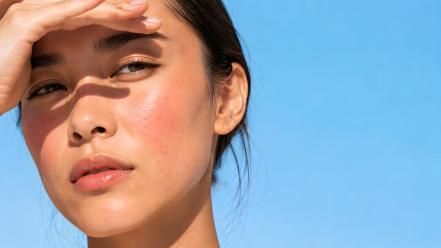 Sun damage and urban pollution skin concern, woman shading eyes from bright light on blue background, high-end sun care advertising with massive copy space