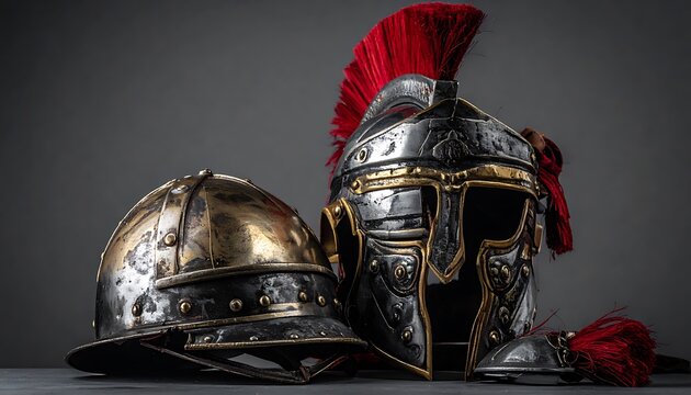 Two ancient Roman helmets, one ornate with a red plume and gold accents, the other simpler, on a textured grey background, evoking history and warfare