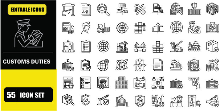 Customs and Duties Line Editable Icons Set &ndash; Import Export Taxes, Border Clearance, Tariff Charges, International Trade Compliance, Customs Inspection and Global Shipping Regulation Symbols in Modern 