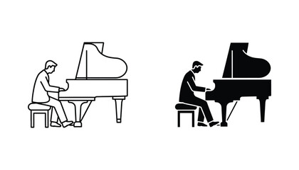 Man playing grand piano silhouette and outline icon set for musical performance and classical concert design concepts © Stellar