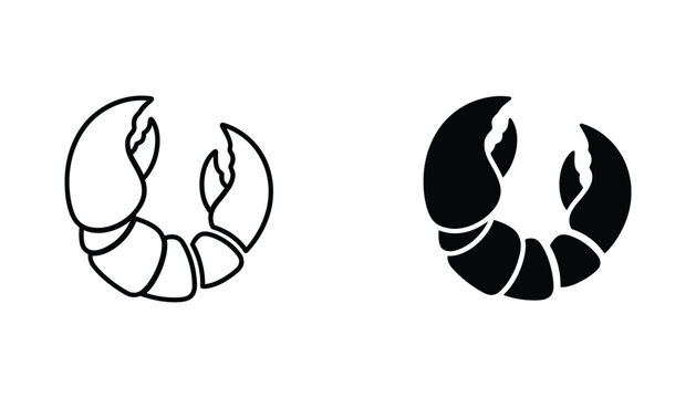 Crab claw pincer icon set in line and solid black graphic style for seafood restaurant and marine life branding projects