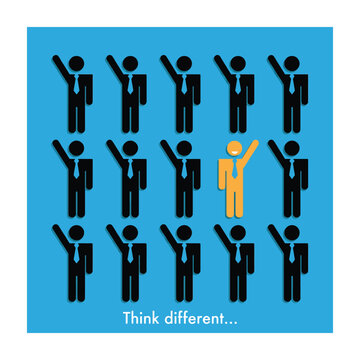One unique orange stick figure person stands out from a crowd of black figures raising their hands in a business concept illustration