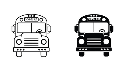 Yellow school bus front view vector icon set featuring clean outline and solid black silhouette styles for educational and transportation themed graphic design assets © Stellar