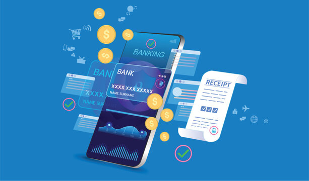 Mobile banking application with digital payment cards, online receipts, and floating fintech icons representing secure cashless transactions