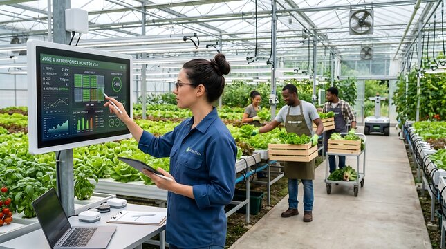 Farmers harvest organic vegetables alongside autonomous agricultural robots in a sustainable smart farm, combining innovative technology, renewable energy, and eco-friendly practices for efficient mod