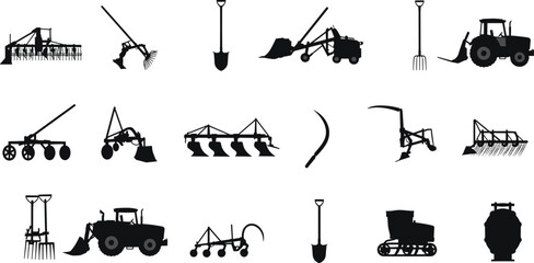 Agricultural tool silhouettes, farming equipment icons, tractor vector, plow illustration, black design, rural machinery, seeders, pitchforks, shovel shapes, cultivation concept © Vector World