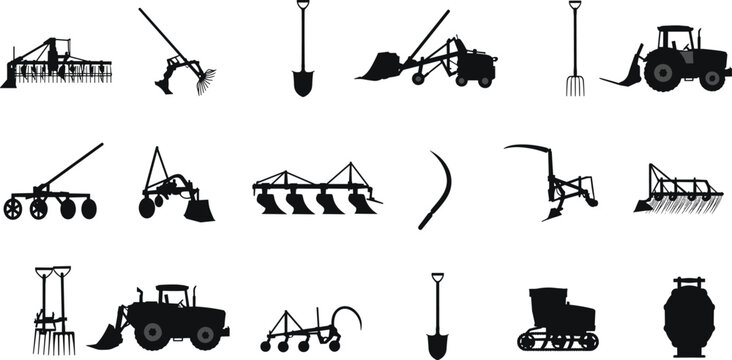 Agricultural tool silhouettes, farming equipment icons, tractor vector, plow illustration, black design, rural machinery, seeders, pitchforks, shovel shapes, cultivation concept