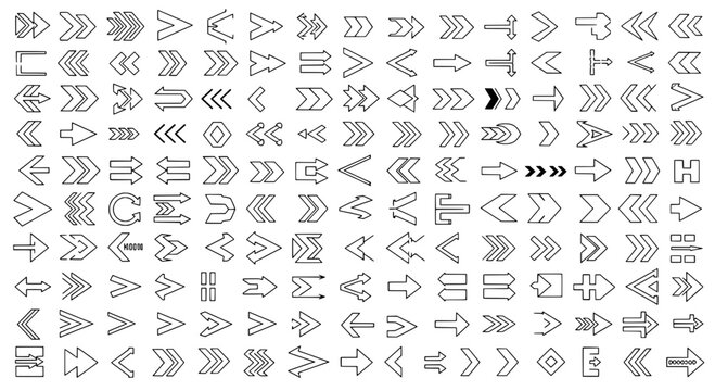 Arrows hand drawn set with black curved lines and various styles for design use featuring vector, collection, illustration with graphic and art