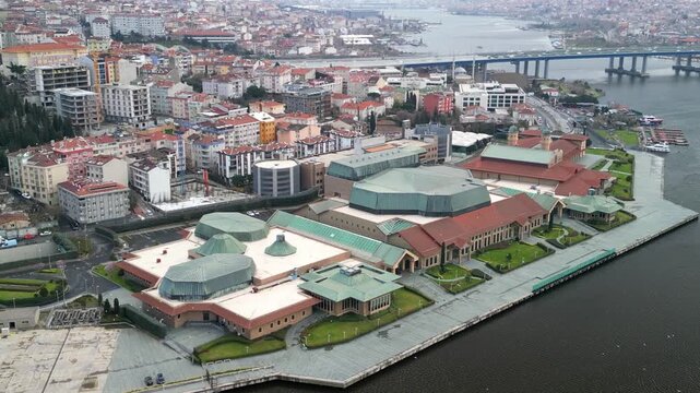 Halic Congress Center and Golden Horn Bridge zoom-out shot