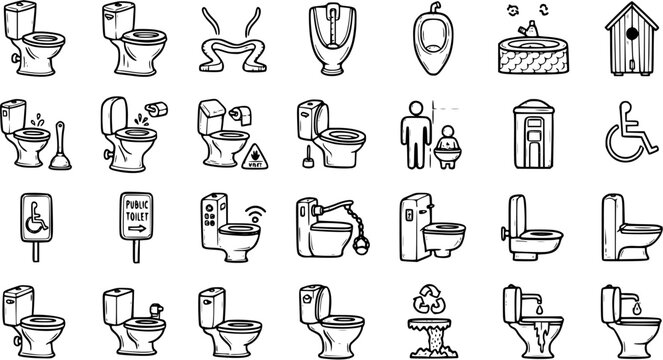 Sanitation and Restroom Facilities Black  White Line Art Icon Set featuring Hand-Drawn Toilets, Urinals, and WC Symbols for Hygiene Design.