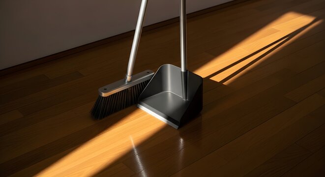 Dustpan And Broom Set On Wooden Floor With Sunlight