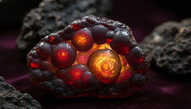 Polished Fire Agate gemstone texture with glowing iridescent bubbles