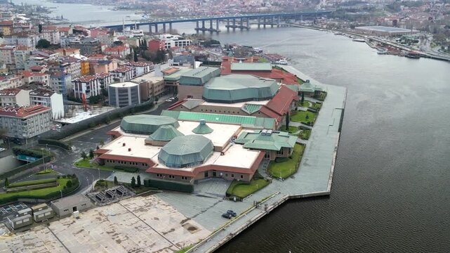 Halic Congress Center and Golden Horn Bridge zoom-in shot
