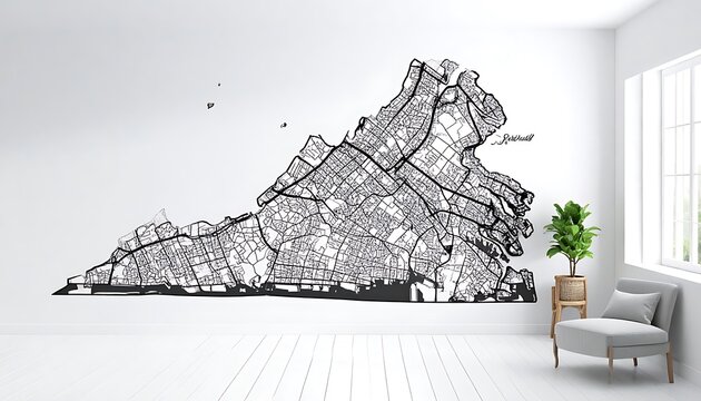 Virginia state map abstract representation, intricate patterns, geographic data visualization, digital illustration, clean modern interior design