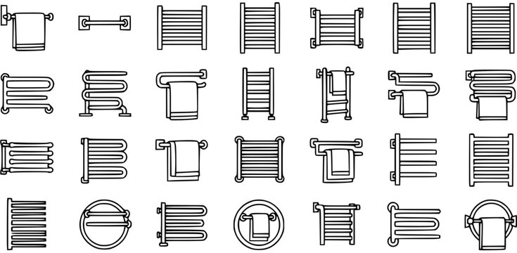 Black and white line art icons of various towel racks and holders, bathroom accessories