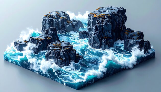 Voxel art diorama of rugged dark rocks with crashing turquoise ocean waves and white foam, isometric view, detailed water splashes